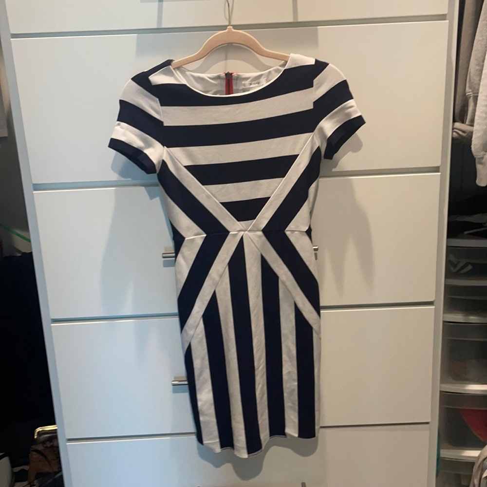 Striped Geometric Dress with Orange Zipper